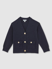 9-13 yrs Knitted Embossed-Button Cardigan in Navy