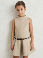 9-13 yrs Drop Waist Belted Sleeveless Dress in Neutral