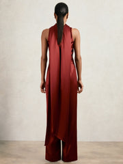 Satin Cape-Sash Jumpsuit in Dark Red