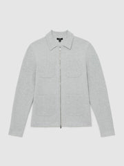 Four-Pocket Zip-Through Cardigan in Soft Grey
