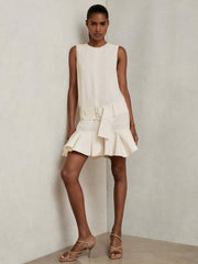 Ruffle Hem Belted Mini Dress in Ivory