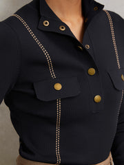 Contrast-Stitch Knit Top in Navy