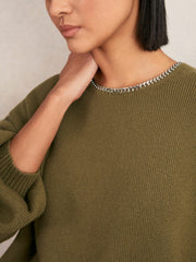 Wool-Blend Necklace-Trim Jumper with Cashmere in Sage Green