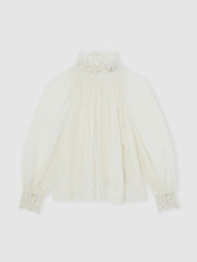 Lace-Trim Draped Chiffon Top in Cream