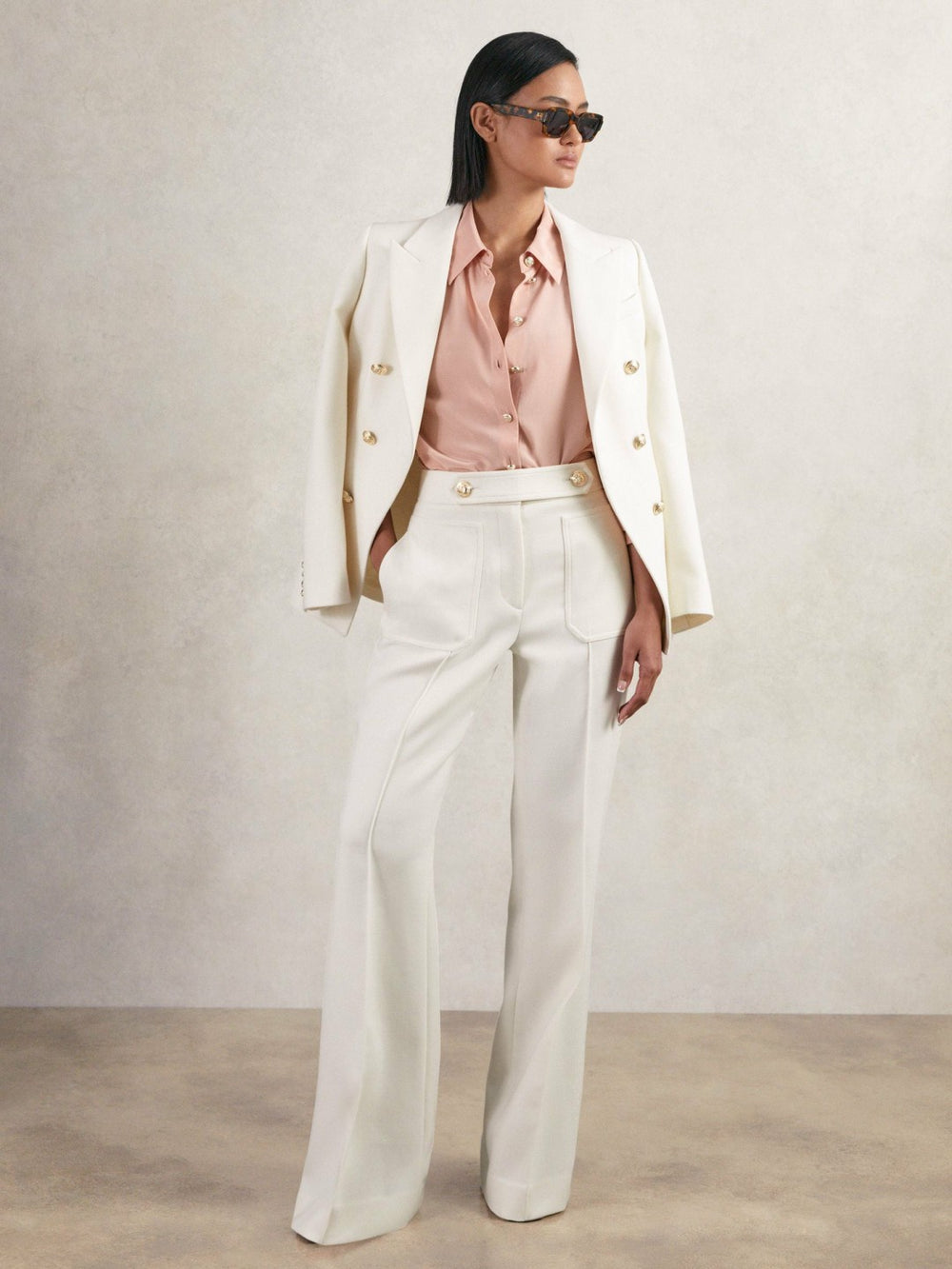 Twill Button-Tab Flared Trousers With Wool in White