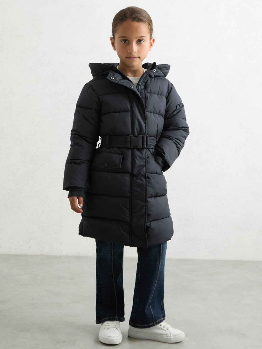 Longline Hooded Puffer Coat in Navy