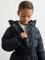 Longline Hooded Puffer Coat in Navy