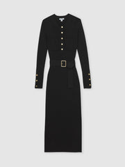 Buttoned Rib-Knit Midi Dress in Black