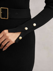 Buttoned Rib-Knit Midi Dress in Black