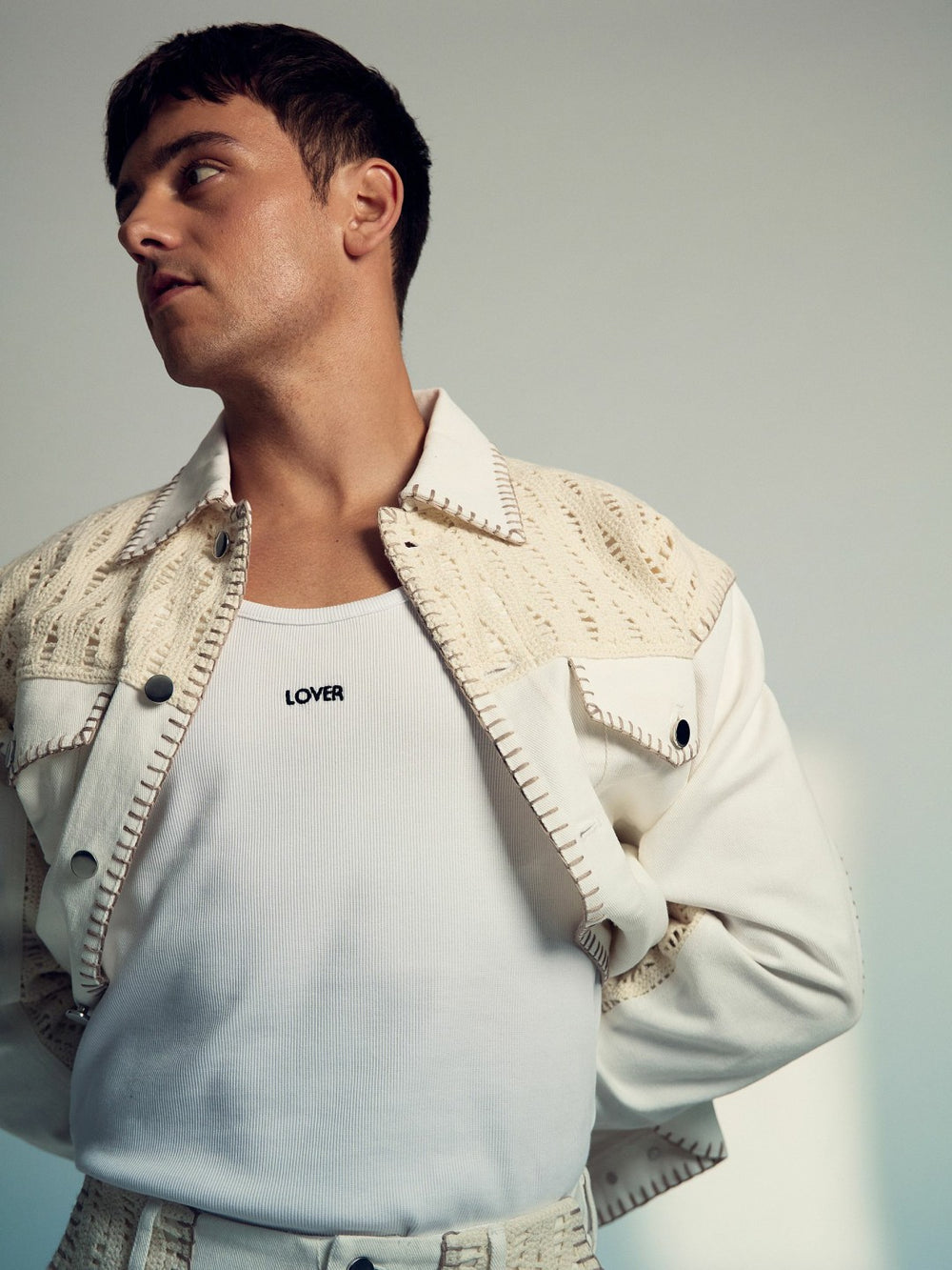 | Tom Daley Crochet Denim Jacket in Off White