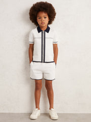 Tipped Knit Stitch-Detail Shorts in White/Navy