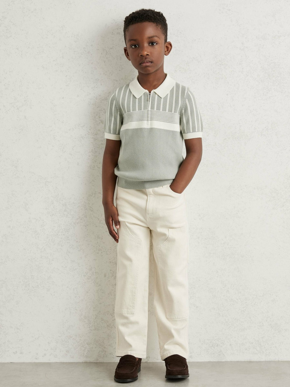 3-9 yrs Cotton Stripe Knit Half-Zip Polo Shirt in Sage Green/Off White