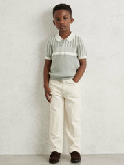 3-9 yrs Cotton Stripe Knit Half-Zip Polo Shirt in Sage Green/Off White
