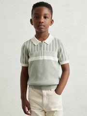 3-9 yrs Cotton Stripe Knit Half-Zip Polo Shirt in Sage Green/Off White