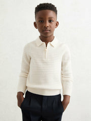 9-13 yrs Wool Waffle-Knit Half-Zip Polo Shirt in Off White
