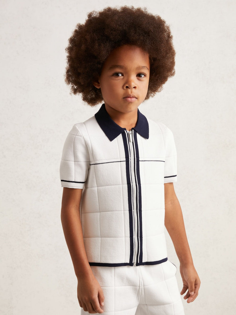 9-13 yrs Tipped Knit Zip-Through Shirt in White/Navy