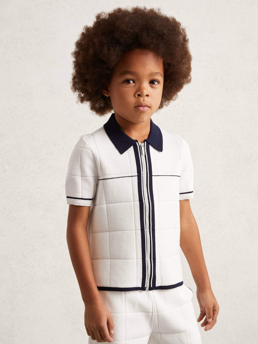 3-9 yrs Tipped Knit Zip-Through Shirt in White/Navy