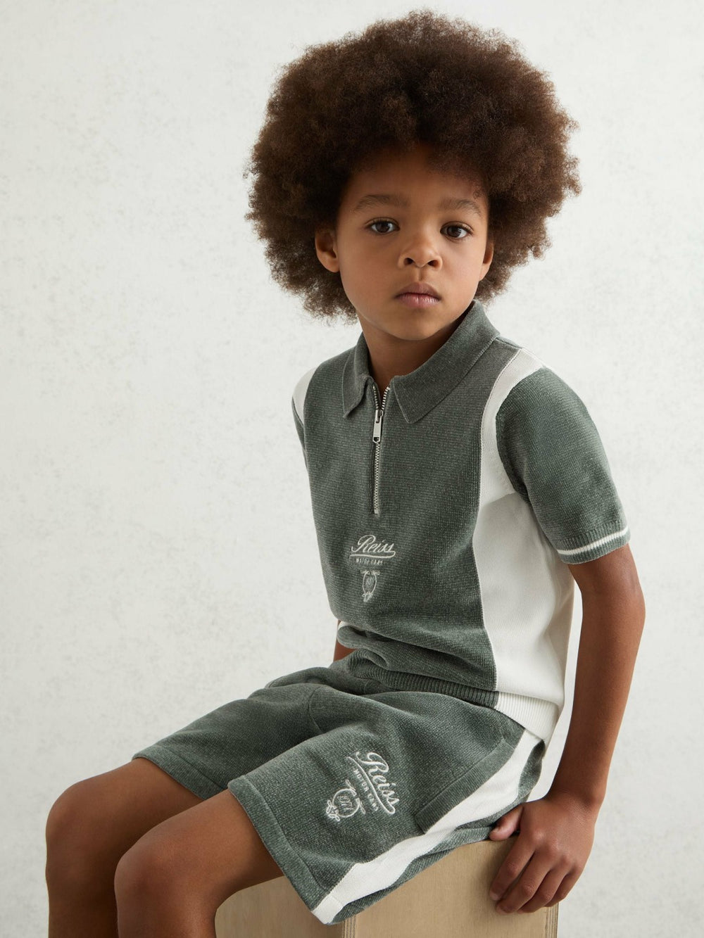 9-13 yrs Chenille Tipped Motor Cars Shorts in Dark Sage Green/White