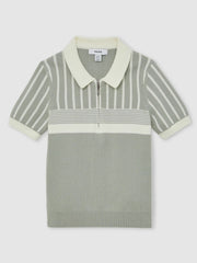 13-14 yrs Cotton Stripe Knit Half-Zip Polo Shirt in Sage Green/Off White