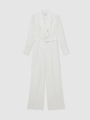 Sheer-Sleeve Wide-Leg Tuxedo Jumpsuit in Ivory