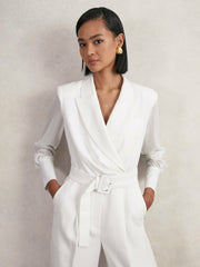 Sheer-Sleeve Wide-Leg Tuxedo Jumpsuit in Ivory