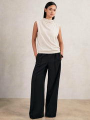 Petite Wide Leg Elasticated Waist Trousers in Navy
