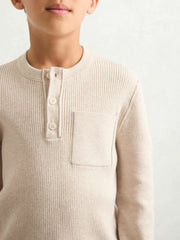 9-13 yrs Cotton-Blend Rib-Knit Henley Top in Oatmeal Melange