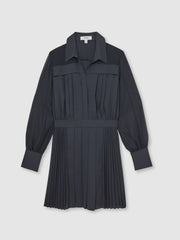 Pleated Sheer-Sleeve Mini Dress in Navy