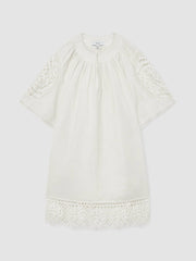 Linen Embroidered Shift Dress in Ivory