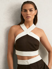 Linen Halterneck Cropped Top in Chocolate/Cream