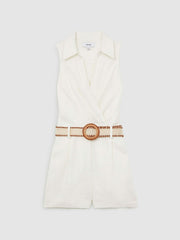 Linen Belted Sleeveless Wrap Playsuit in Cream