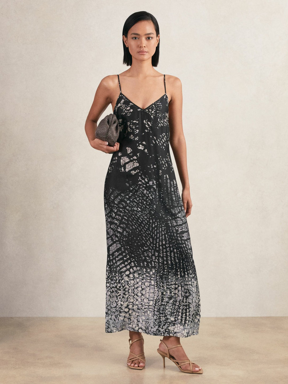 Printed Maxi Slip Dress in Navy