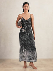 Printed Maxi Slip Dress in Navy