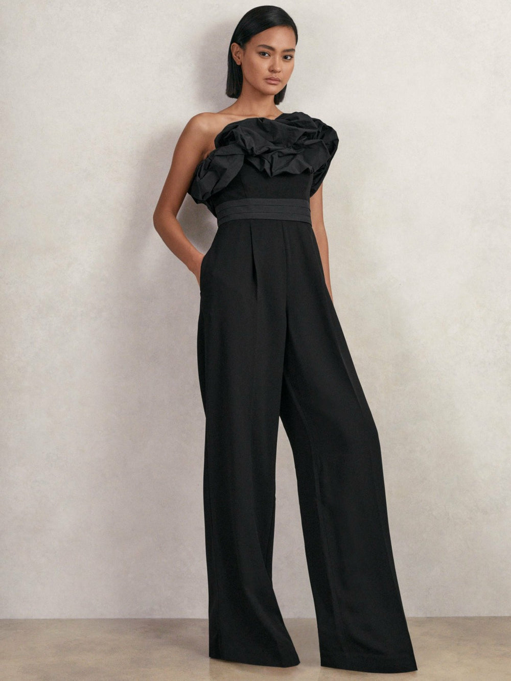 Sculptural Strapless Wide-Leg Jumpsuit in Black