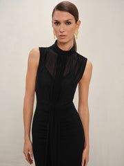 Petite Sheer Ruched Maxi Dress in Black