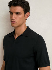 Merino Wool Open Collar Polo Shirt in Black