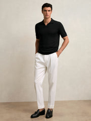Merino Wool Open Collar Polo Shirt in Black