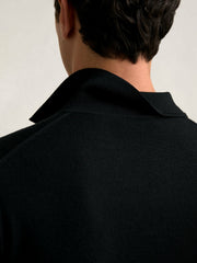 Merino Wool Open Collar Polo Shirt in Black