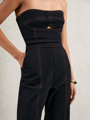 Strapless Wide Leg Denim Jumpsuit in Indigo Blue