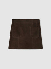 Mini Suede Patch Pocket Skirt in Chocolate Brown