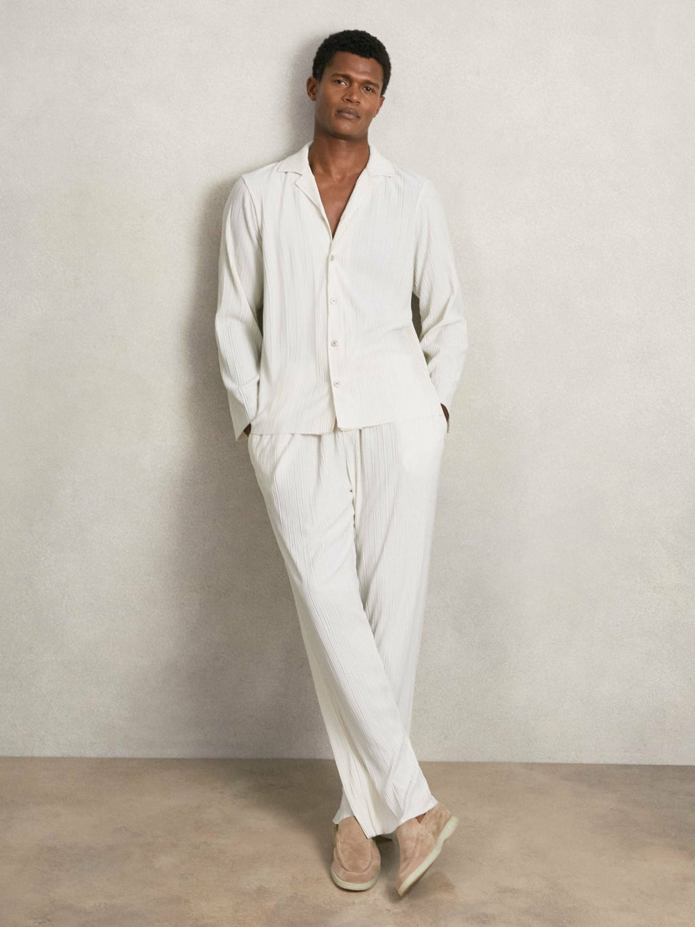 Plissé Wide Leg Trousers in Off White