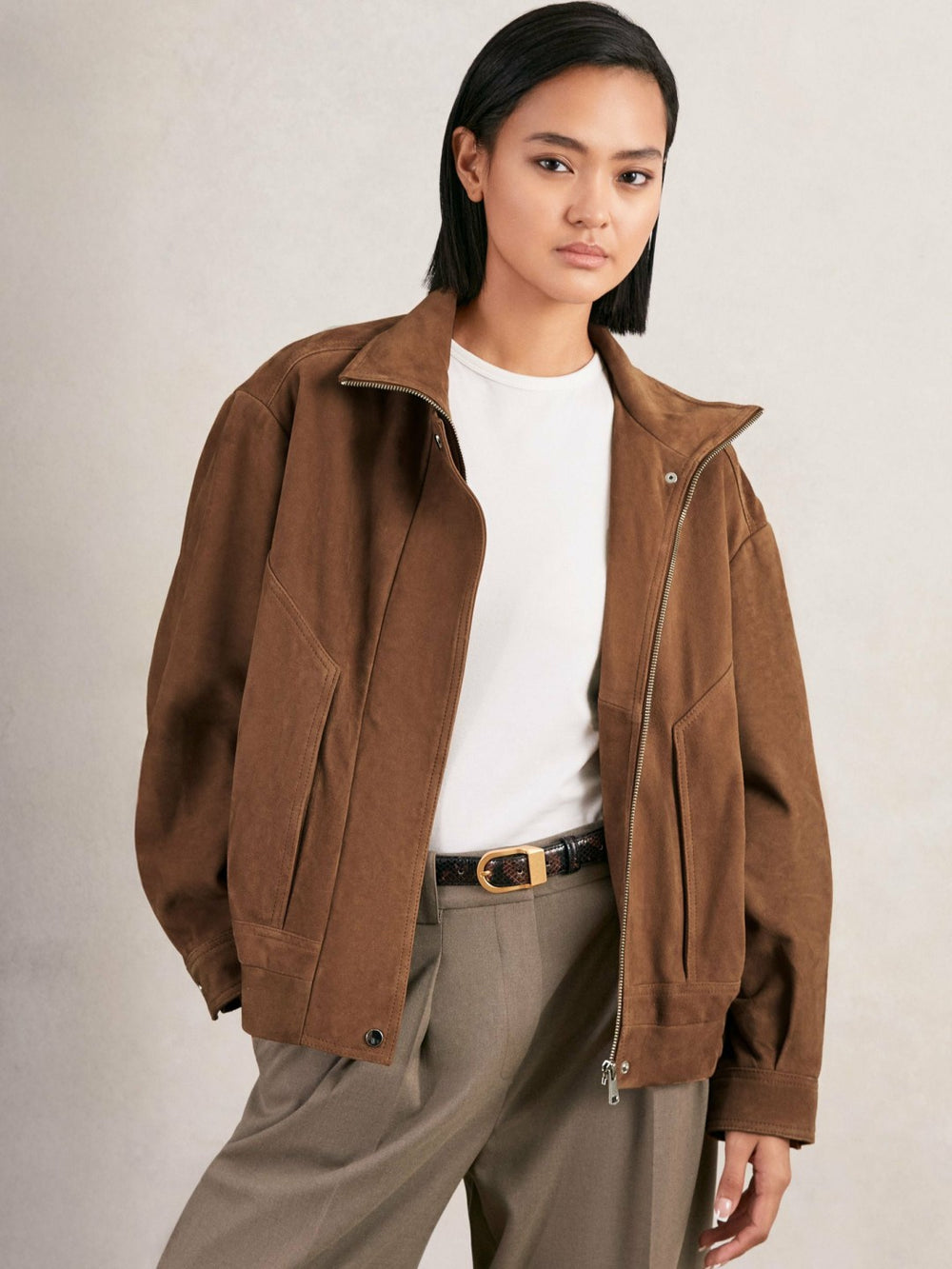 Suede Funnel-Neck Bomber Jacket in Tan