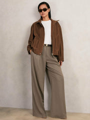 Suede Funnel-Neck Bomber Jacket in Tan