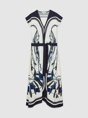 Scarf-Print V-Neck Belted Midi Dress in Blue/Brown