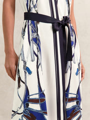 Scarf-Print V-Neck Belted Midi Dress in Blue/Brown