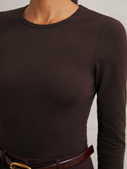 Cotton Crew-Neck Long-Sleeve T-Shirt With Stretch in Plum Purple