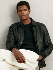 Grained Leather Zip Through Jacket in Black