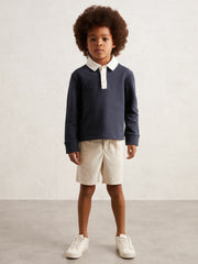 Cotton Half-Button Rugby Polo Shirt in Navy/White