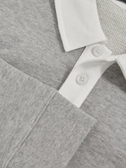 Cotton Half Button Rugby Polo Shirt in Grey Marl/White
