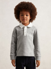 Cotton Half-Button Rugby Polo Shirt in Grey Marl/White